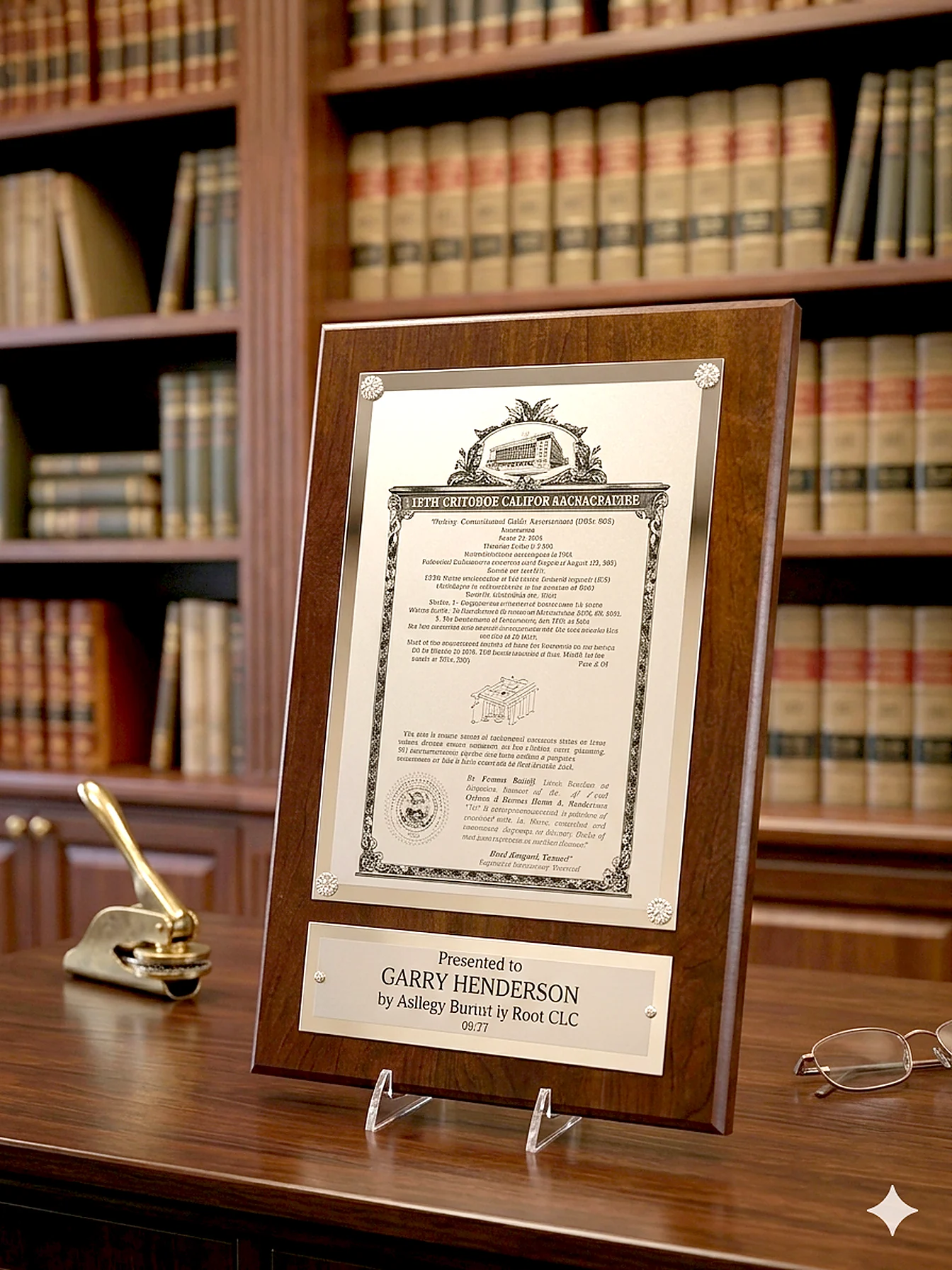Engraved patent plaque mounted on cherry wood displayed in a law library